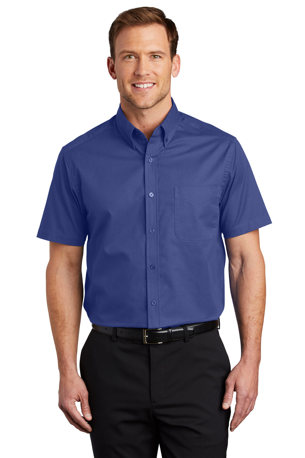 Port Authority S508/TLS508 Mens Easy Care Wrinkle Resistant Short Sleeve Button Down Shirt w/ Pocket Mediterranean Blue Model Front