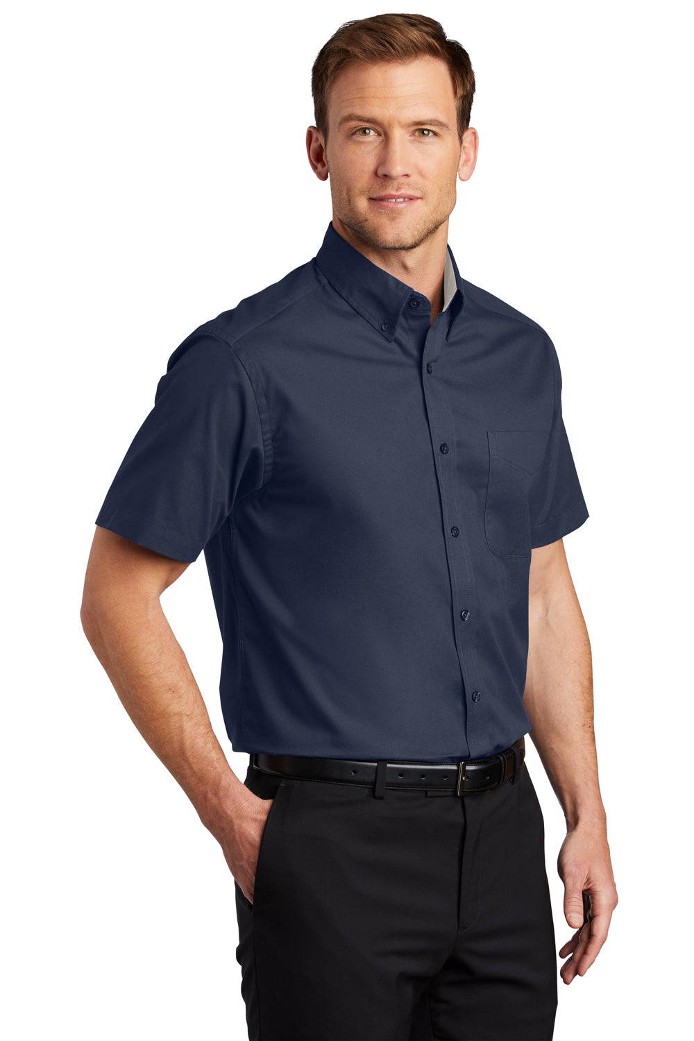 Port Authority S508/TLS508 Mens Easy Care Wrinkle Resistant Short Sleeve Button Down Shirt w/ Pocket Navy Blue Model 3q