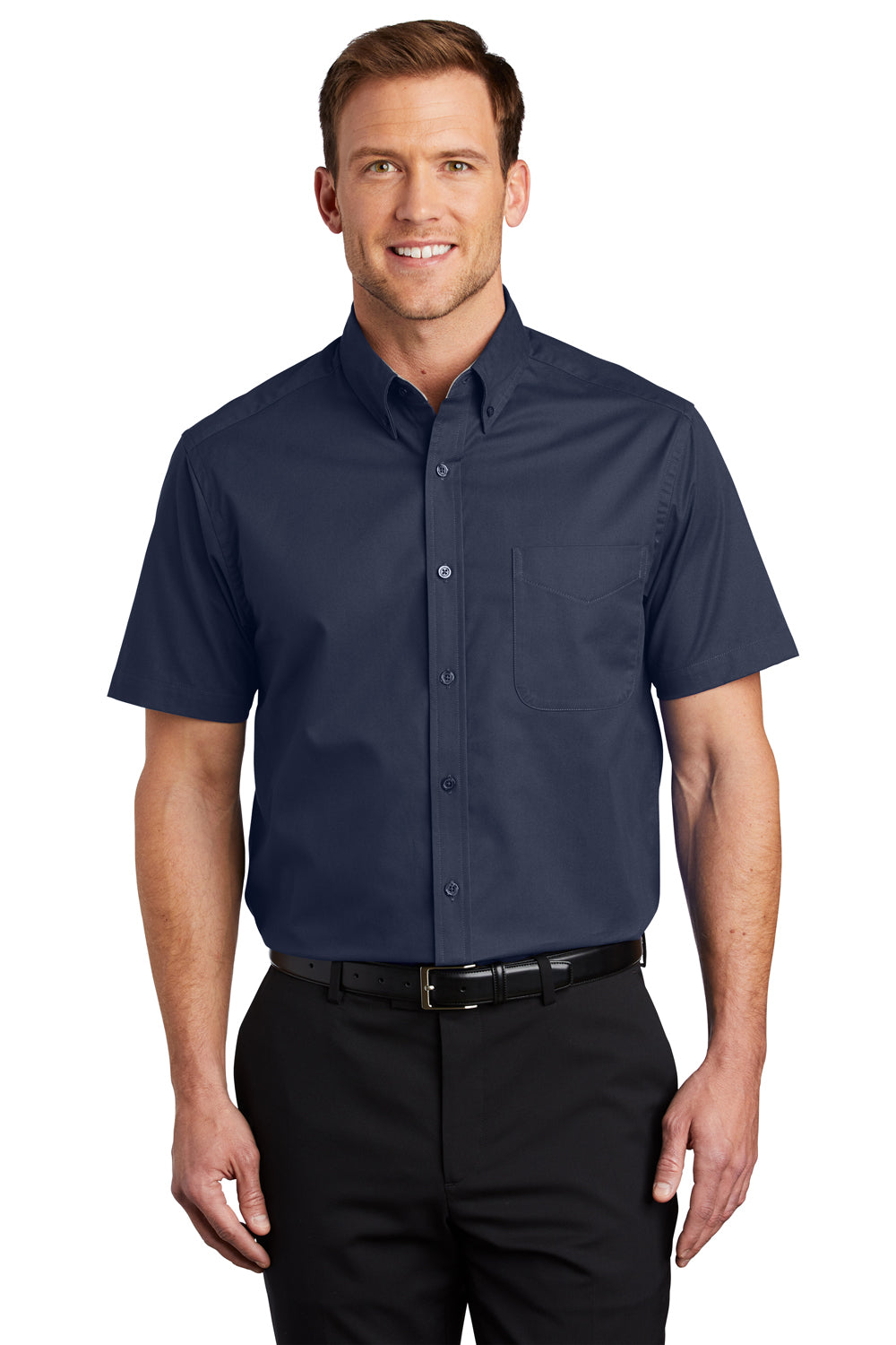 Port Authority S508/TLS508 Mens Easy Care Wrinkle Resistant Short Sleeve Button Down Shirt w/ Pocket Navy Blue Model Front