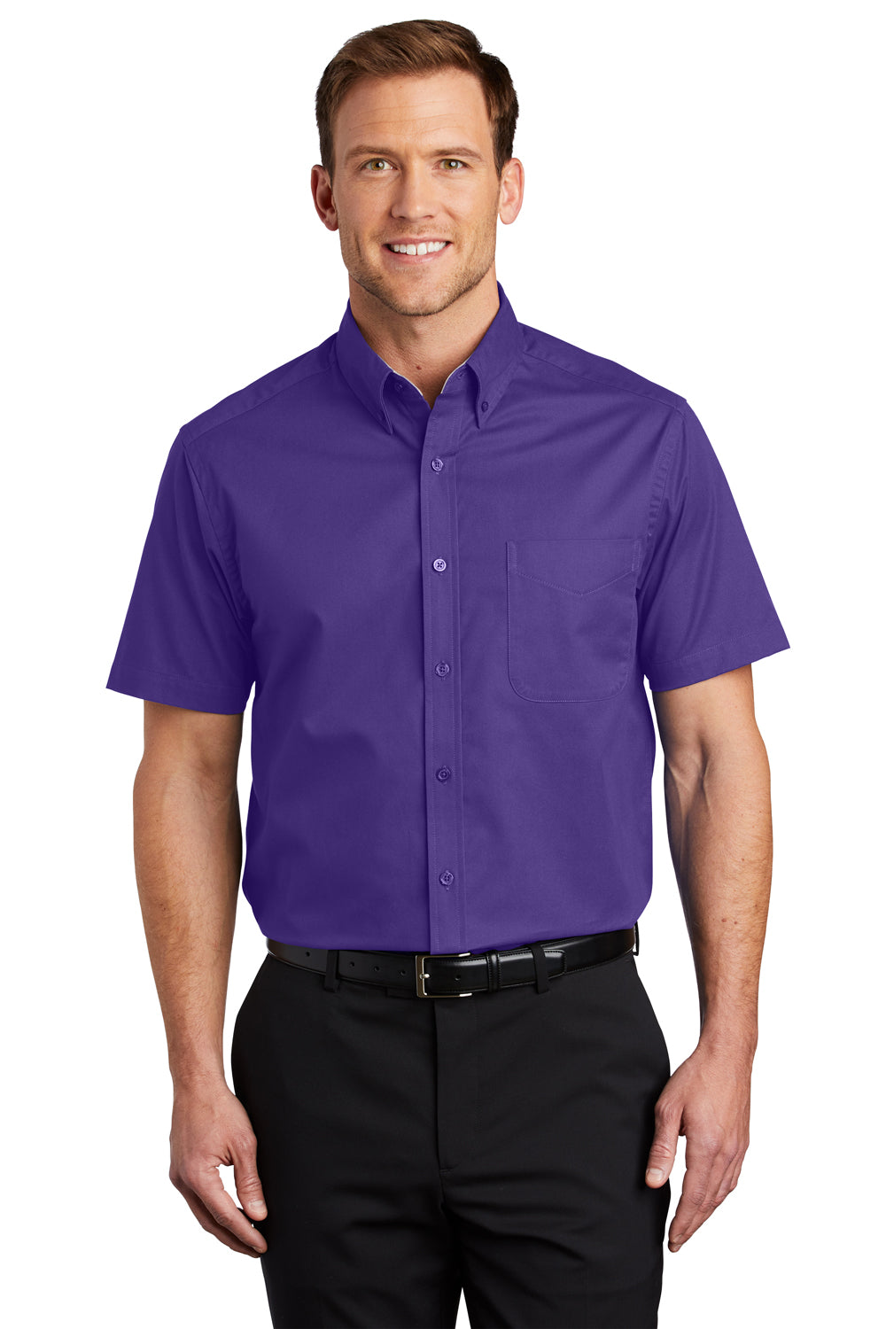 Port Authority S508/TLS508 Mens Easy Care Wrinkle Resistant Short Sleeve Button Down Shirt w/ Pocket Purple Model Front