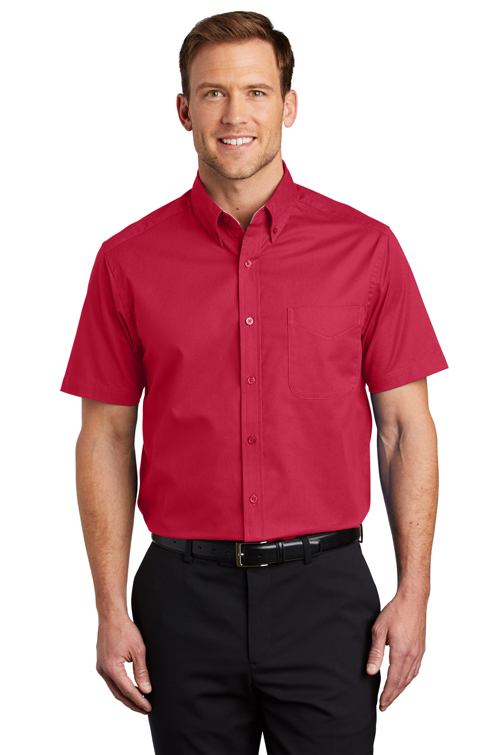 Port Authority S508/TLS508 Mens Easy Care Wrinkle Resistant Short Sleeve Button Down Shirt w/ Pocket Red Model Front