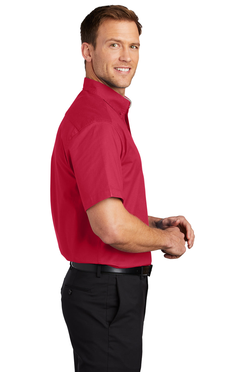 Port Authority S508/TLS508 Mens Easy Care Wrinkle Resistant Short Sleeve Button Down Shirt w/ Pocket Red Model Side