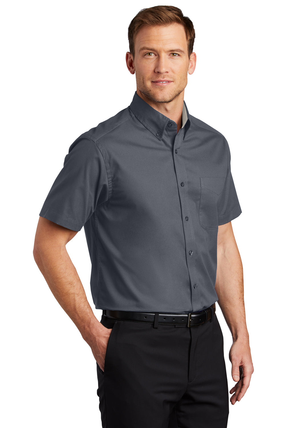 Port Authority S508/TLS508 Mens Easy Care Wrinkle Resistant Short Sleeve Button Down Shirt w/ Pocket Steel Grey Model 3q