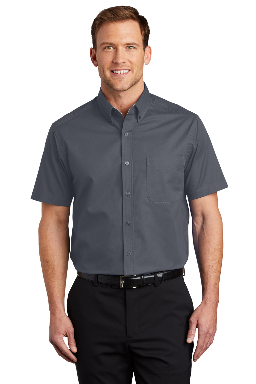 Port Authority S508/TLS508 Mens Easy Care Wrinkle Resistant Short Sleeve Button Down Shirt w/ Pocket Steel Grey Model Front