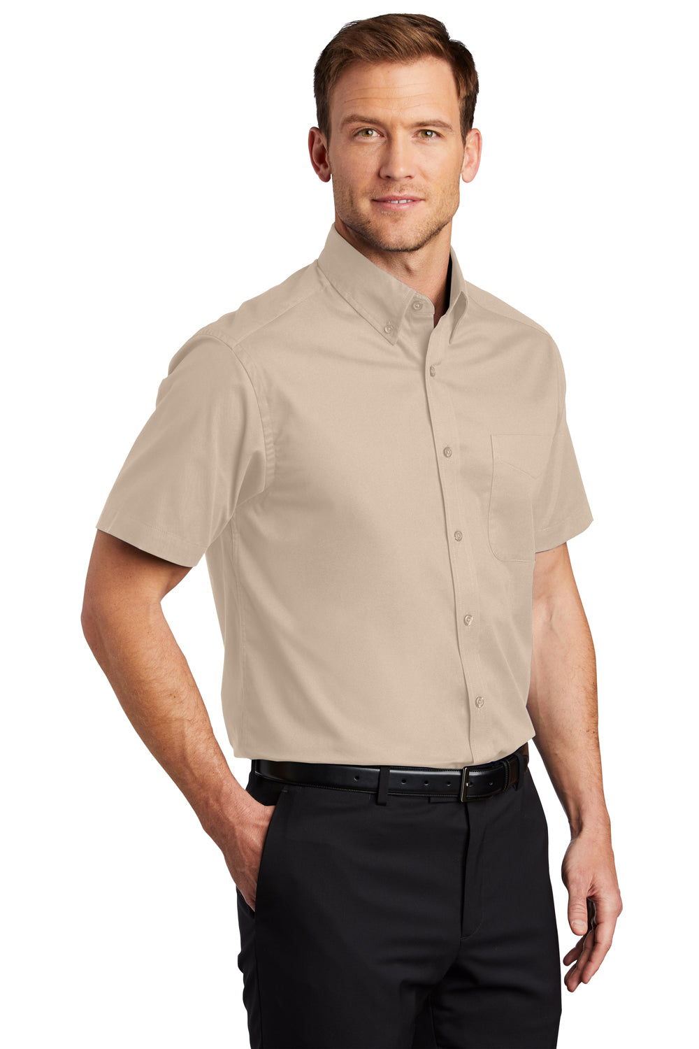 Port Authority S508/TLS508 Mens Easy Care Wrinkle Resistant Short Sleeve Button Down Shirt w/ Pocket Stone Brown Model 3q