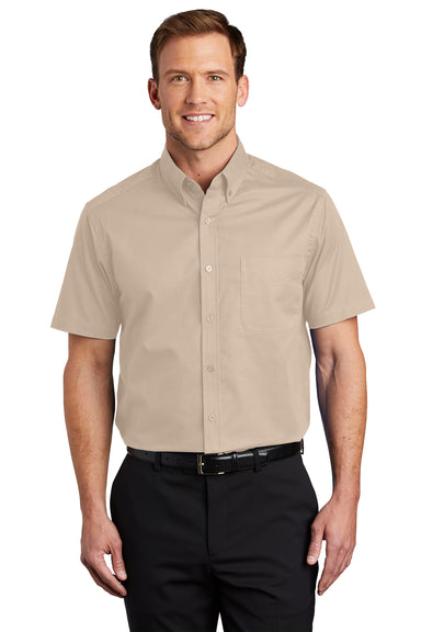 Port Authority S508/TLS508 Mens Easy Care Wrinkle Resistant Short Sleeve Button Down Shirt w/ Pocket Stone Brown Model Front