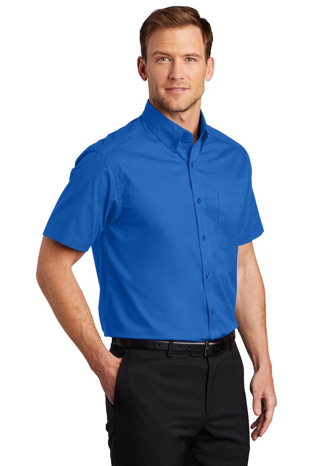 Port Authority S508/TLS508 Mens Easy Care Wrinkle Resistant Short Sleeve Button Down Shirt w/ Pocket Strong Blue Model 3q