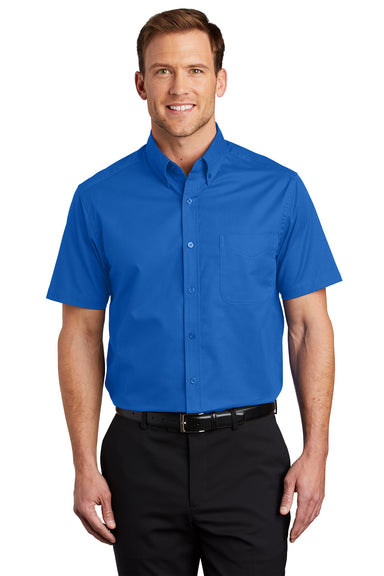 Port Authority S508/TLS508 Mens Easy Care Wrinkle Resistant Short Sleeve Button Down Shirt w/ Pocket Strong Blue Model Front