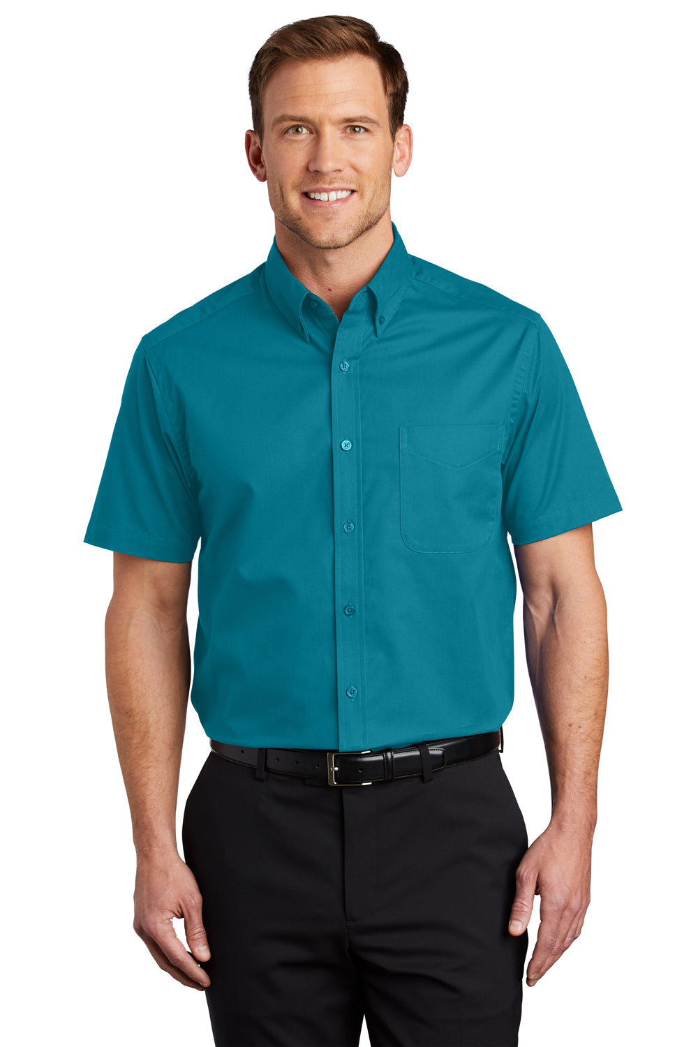 Port Authority S508/TLS508 Mens Easy Care Wrinkle Resistant Short Sleeve Button Down Shirt w/ Pocket Teal Green Model Front