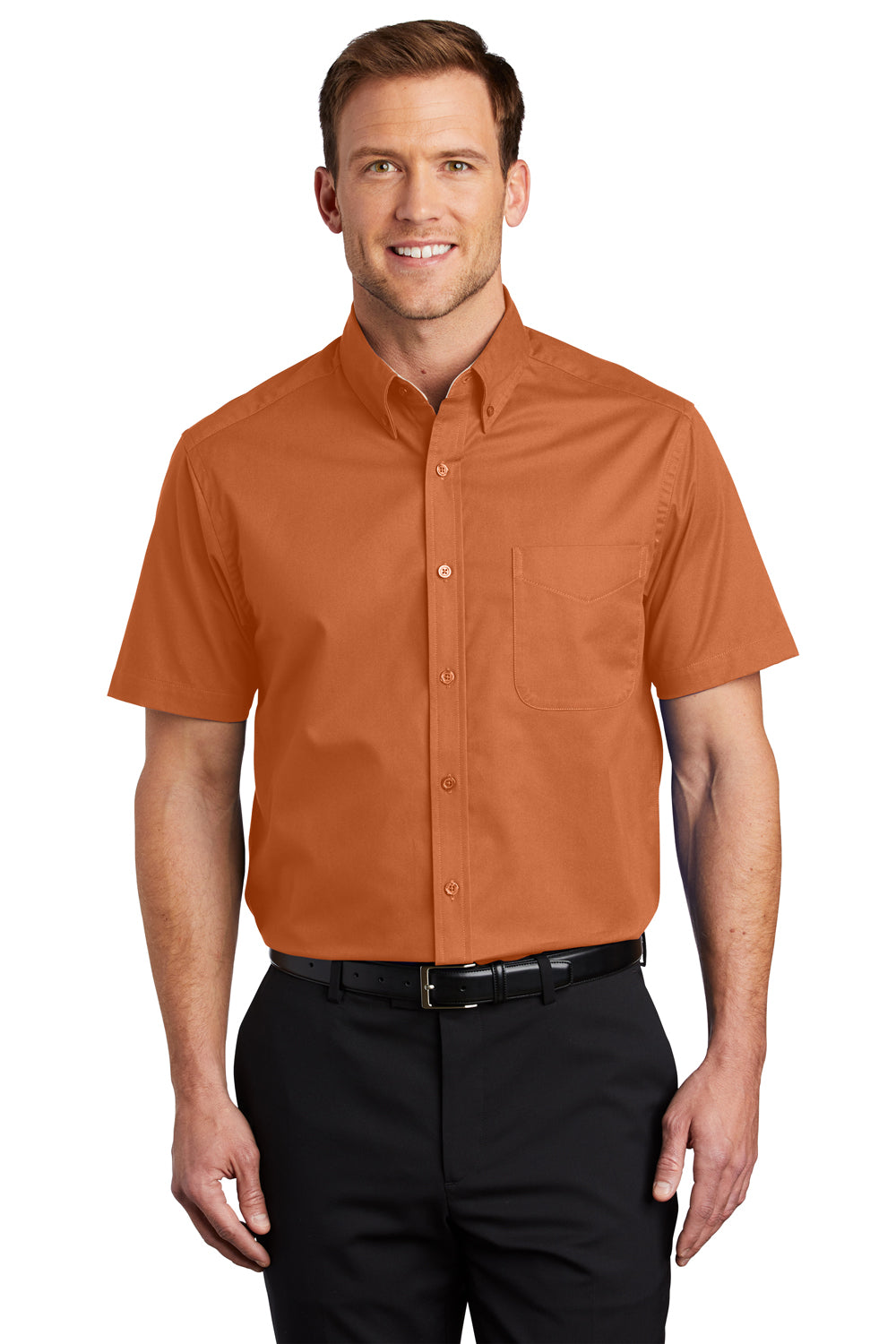 Port Authority S508/TLS508 Mens Easy Care Wrinkle Resistant Short Sleeve Button Down Shirt w/ Pocket Texas Orange Model Front