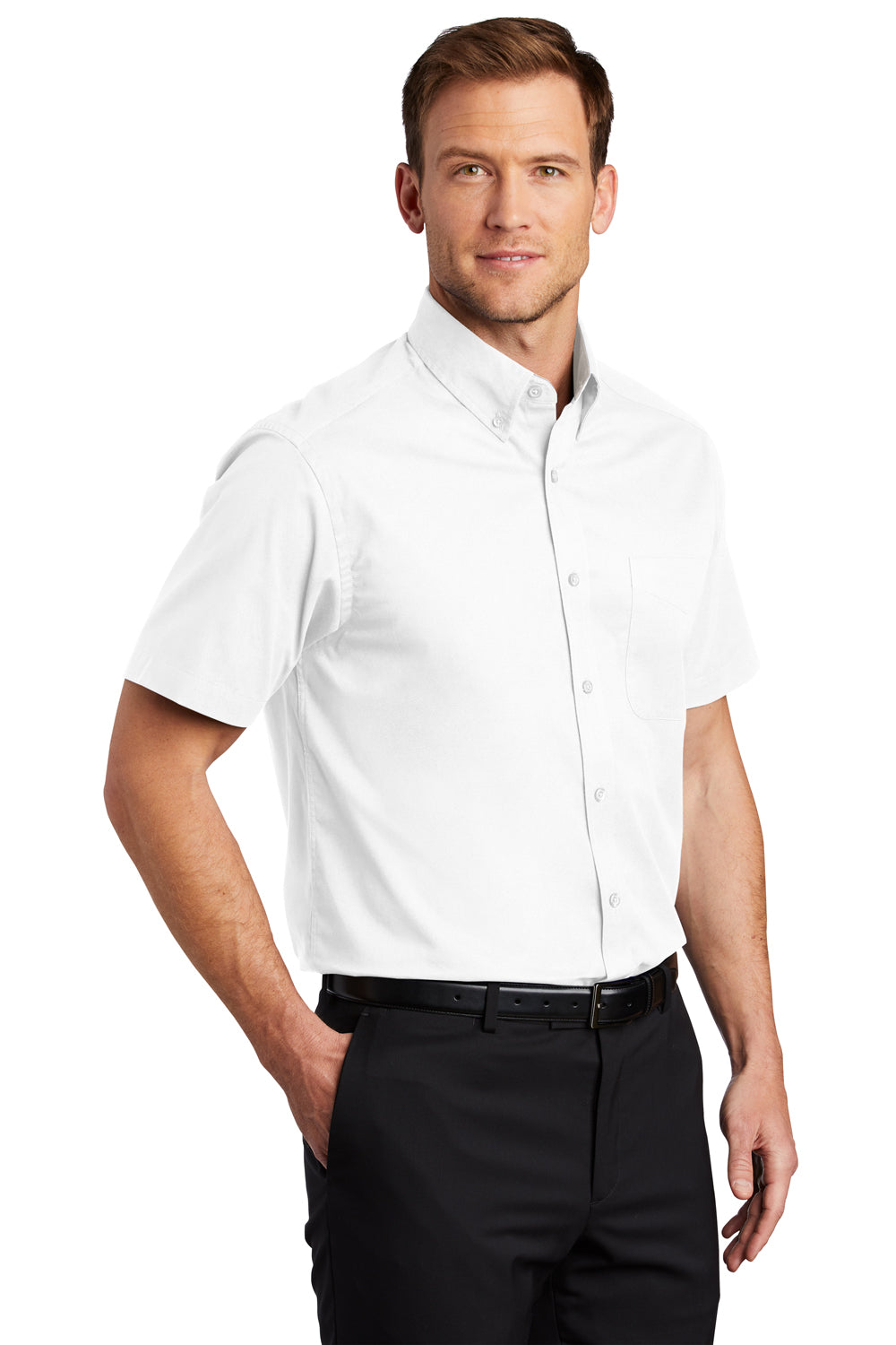 Port Authority S508/TLS508 Mens Easy Care Wrinkle Resistant Short Sleeve Button Down Shirt w/ Pocket White Model 3q