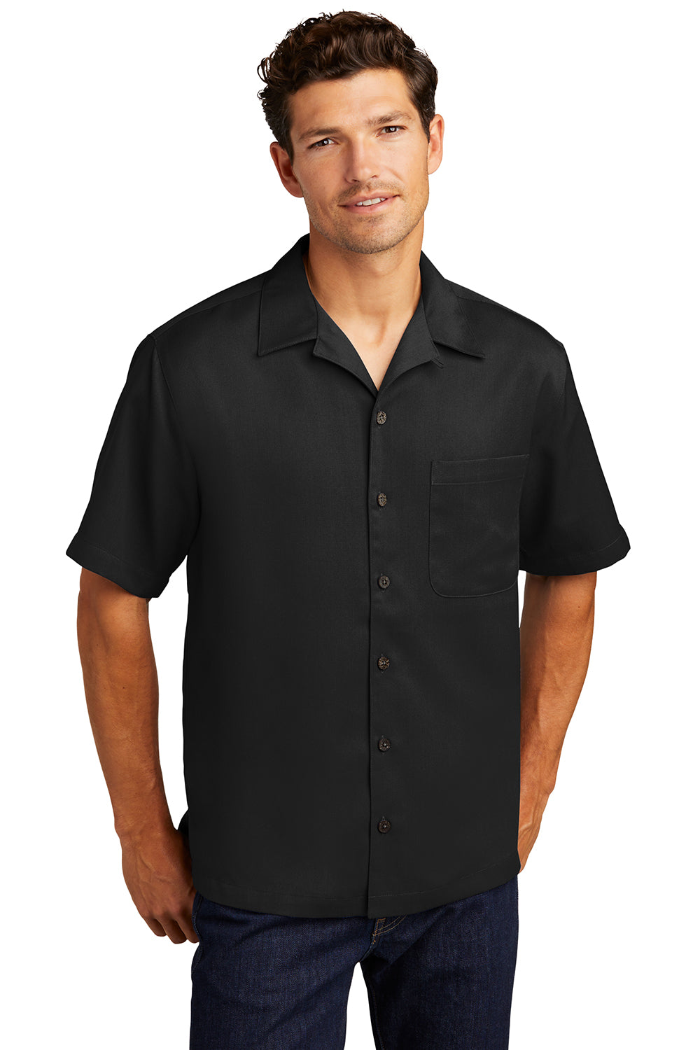 Port Authority S535 Mens Easy Care Stain Resistant Short Sleeve Button Down Camp Shirt w/ Pocket Black Model Front