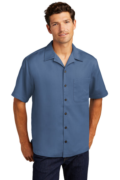 Port Authority S535 Mens Easy Care Stain Resistant Short Sleeve Button Down Camp Shirt w/ Pocket Blue Model Front