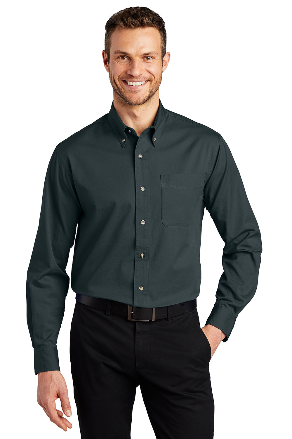 Port Authority S600T/TLS600T Mens Long Sleeve Button Down Shirt w/ Pocket Classic Navy Blue Model Front