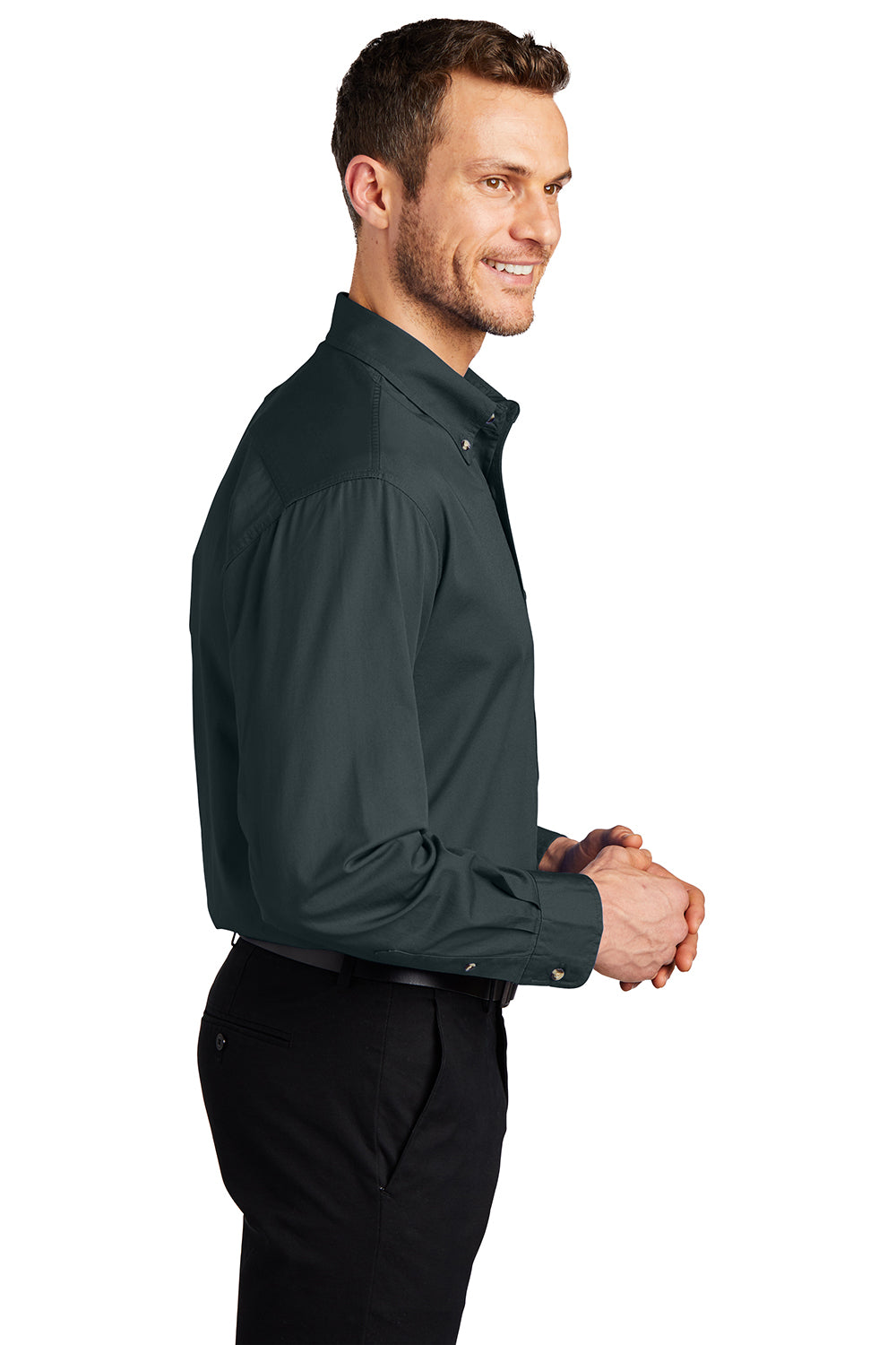 Port Authority S600T/TLS600T Mens Long Sleeve Button Down Shirt w/ Pocket Classic Navy Blue Model Side