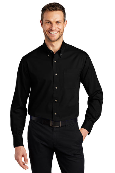 Port Authority S600T/TLS600T Mens Long Sleeve Button Down Shirt w/ Pocket Black Model Front