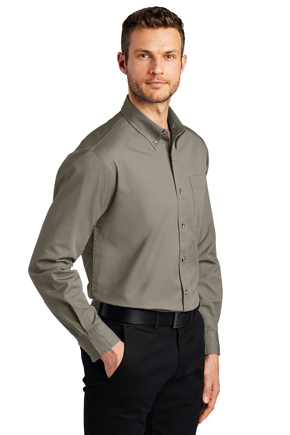 Port Authority S600T/TLS600T Mens Long Sleeve Button Down Shirt w/ Pocket Khaki Model 3q