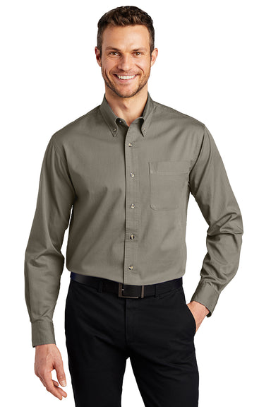 Port Authority S600T/TLS600T Mens Long Sleeve Button Down Shirt w/ Pocket Khaki Model Front