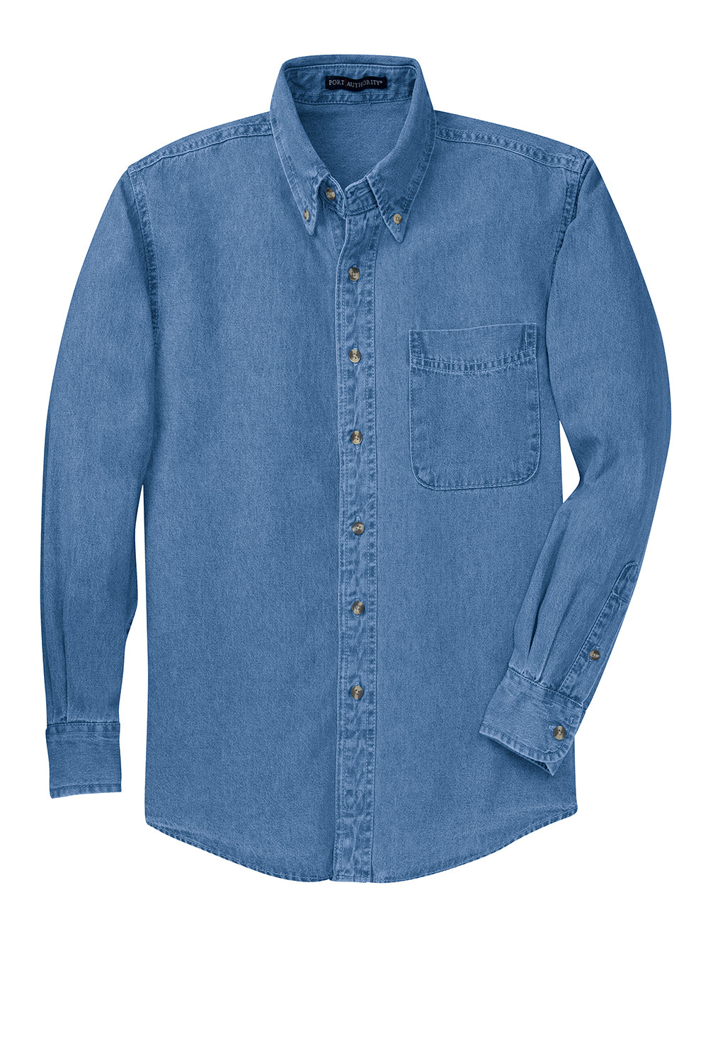 Port Authority S600/TLS600 Mens Denim Long Sleeve Button Down Shirt w/ Pocket Faded Blue Flat Front