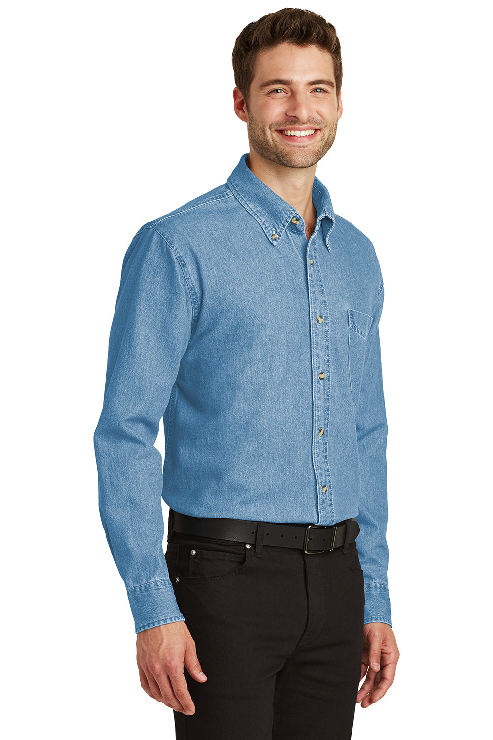 Port Authority S600/TLS600 Mens Denim Long Sleeve Button Down Shirt w/ Pocket Faded Blue Model 3q