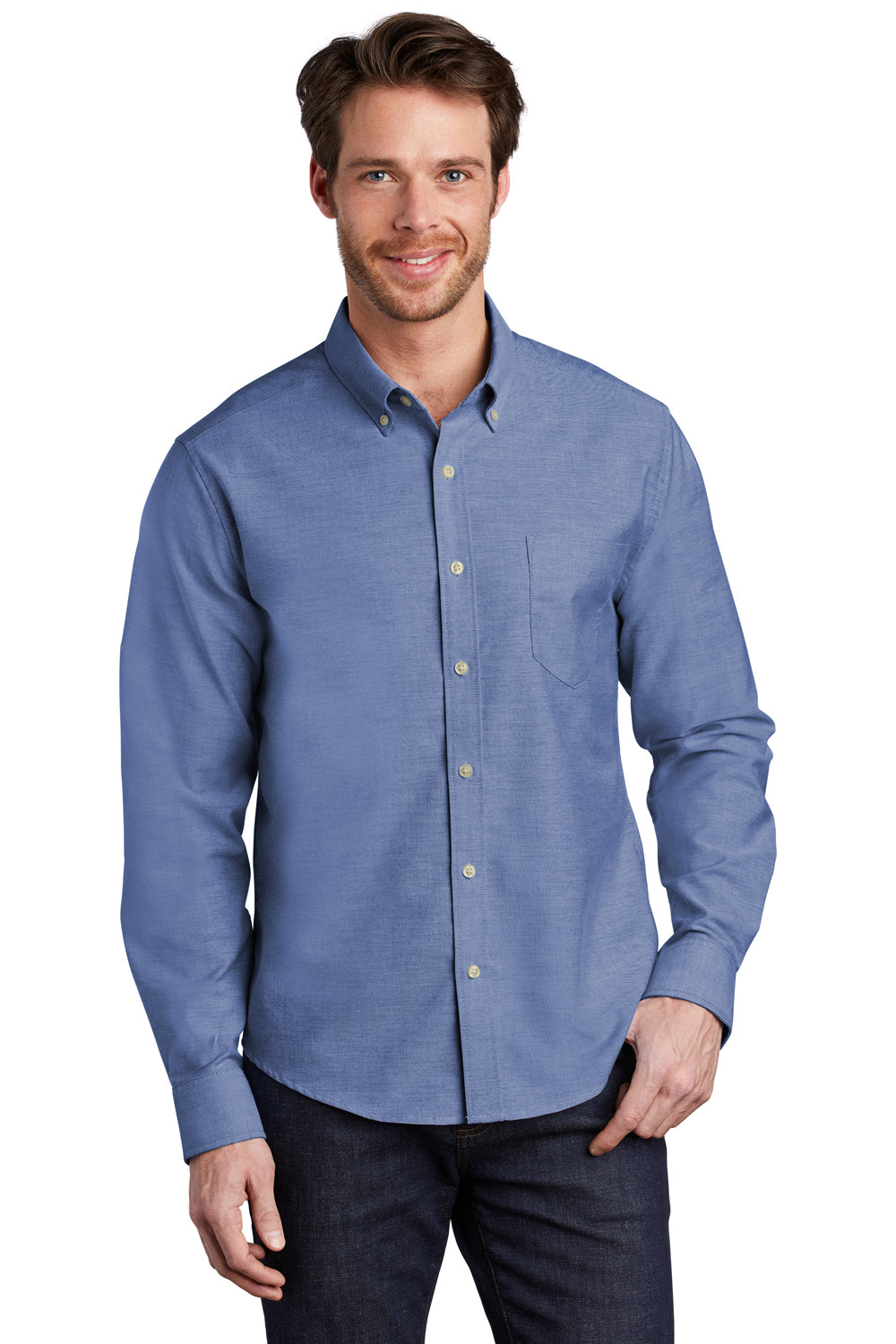 Port Authority S651 Mens SuperPro Wrinkle Resistant Long Sleeve Button Down Shirt w/ Pocket Navy Blue Model Front