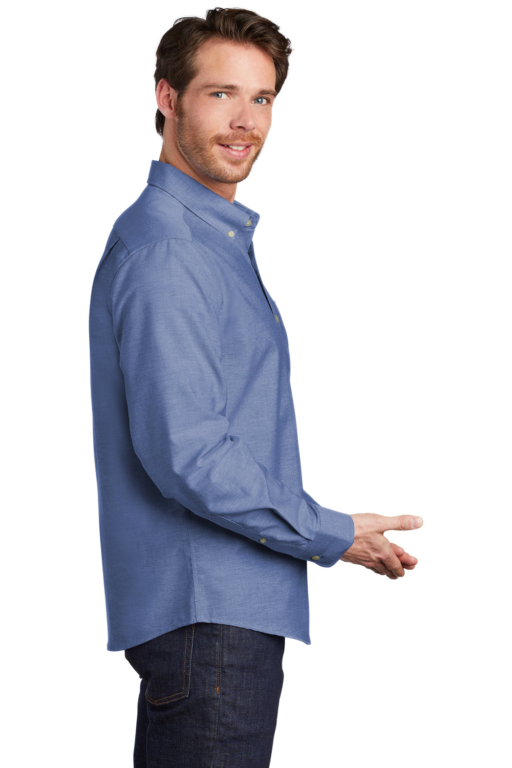 Port Authority S651 Mens SuperPro Wrinkle Resistant Long Sleeve Button Down Shirt w/ Pocket Navy Blue Model Side