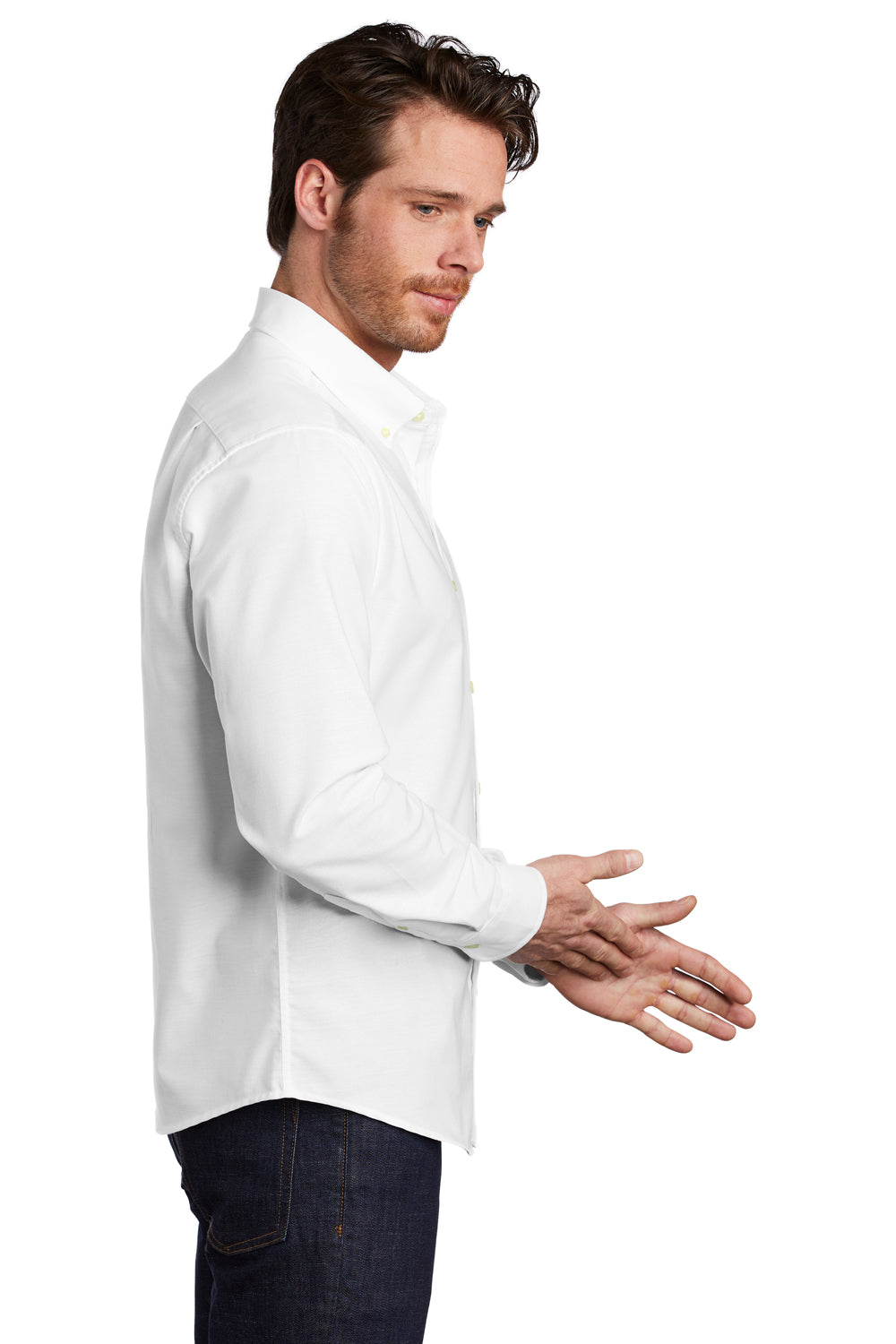 Port Authority S651 Mens SuperPro Wrinkle Resistant Long Sleeve Button Down Shirt w/ Pocket White Model Side