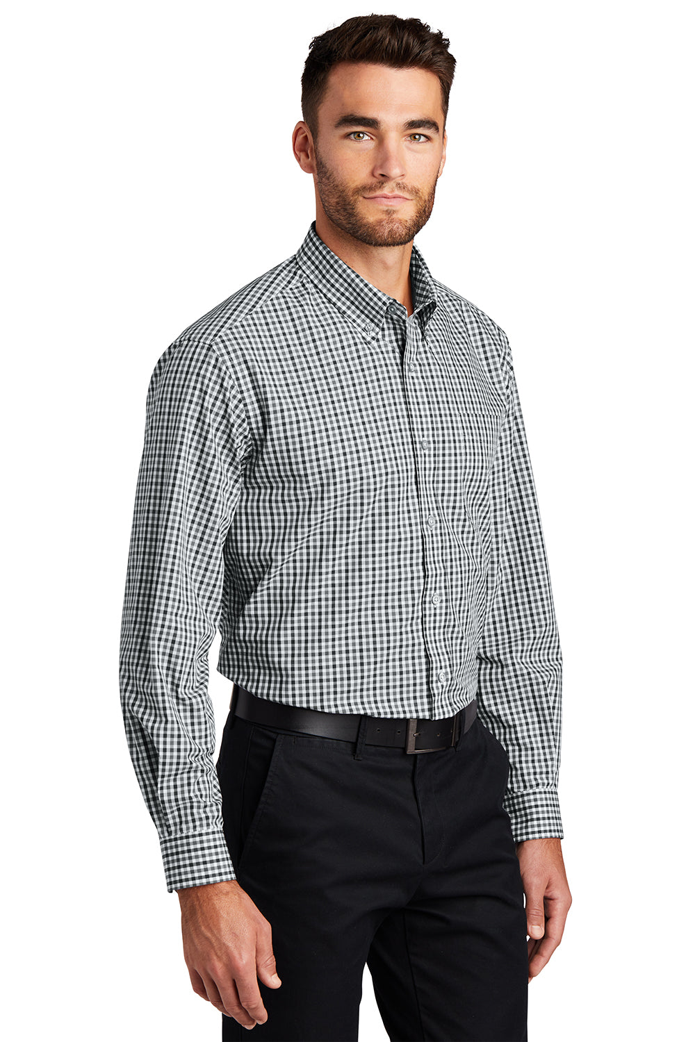 Port Authority S654 Mens Easy Care Wrinkle Resistant Long Sleeve Button Down Shirt w/ Pocket Black/Charcoal Grey Model 3q