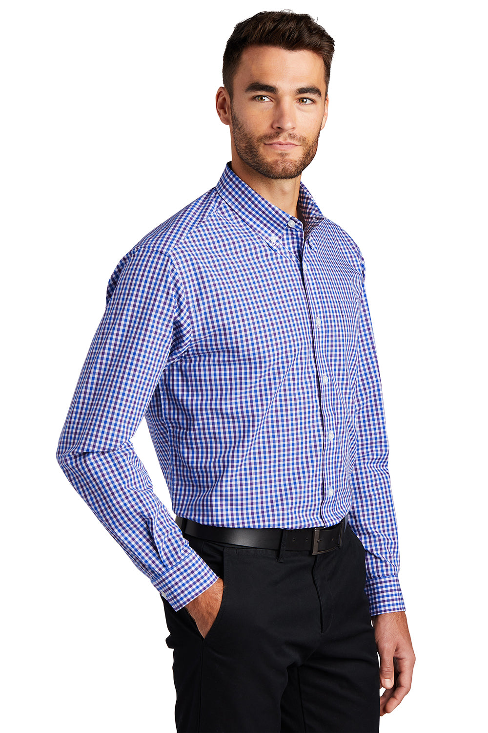 Port Authority S654 Mens Easy Care Wrinkle Resistant Long Sleeve Button Down Shirt w/ Pocket Blue/Purple Model 3q