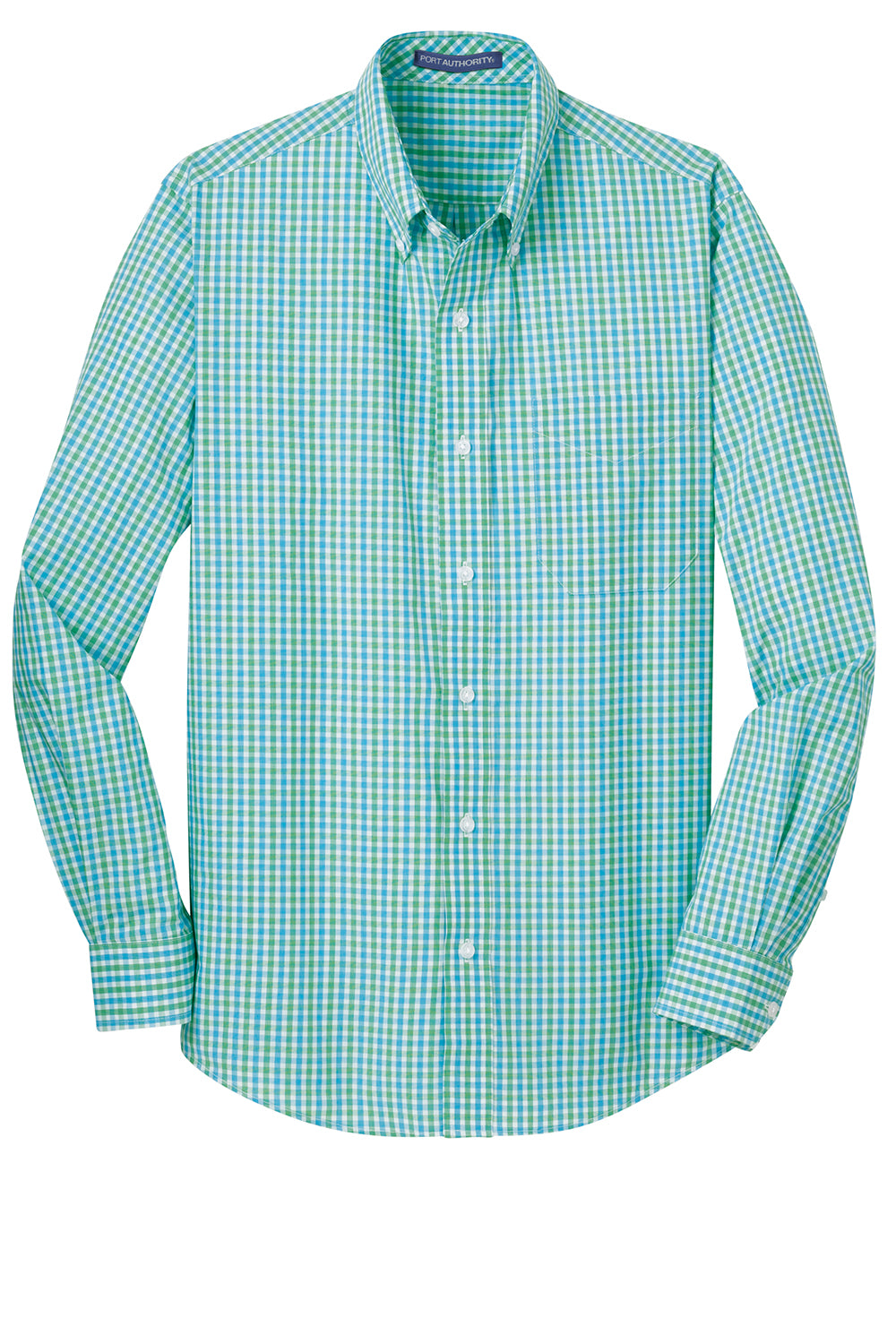 Port Authority S654 Mens Easy Care Wrinkle Resistant Long Sleeve Button Down Shirt w/ Pocket Green/Aqua Blue Flat Front