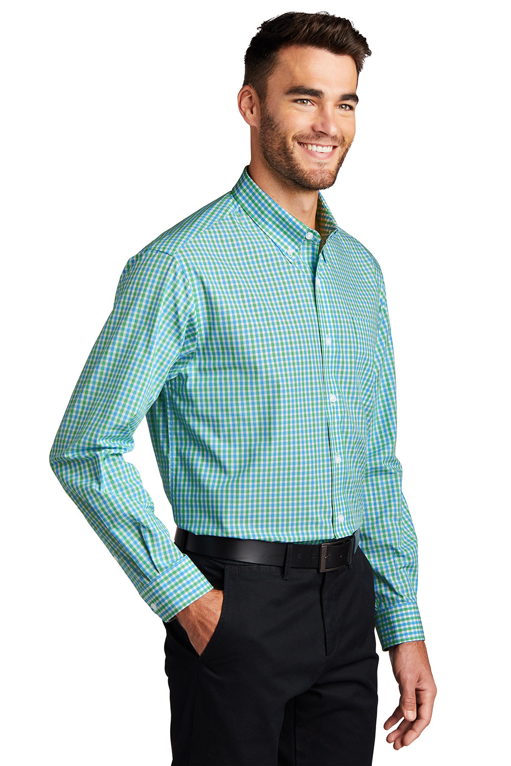 Port Authority S654 Mens Easy Care Wrinkle Resistant Long Sleeve Button Down Shirt w/ Pocket Green/Aqua Blue Model 3q