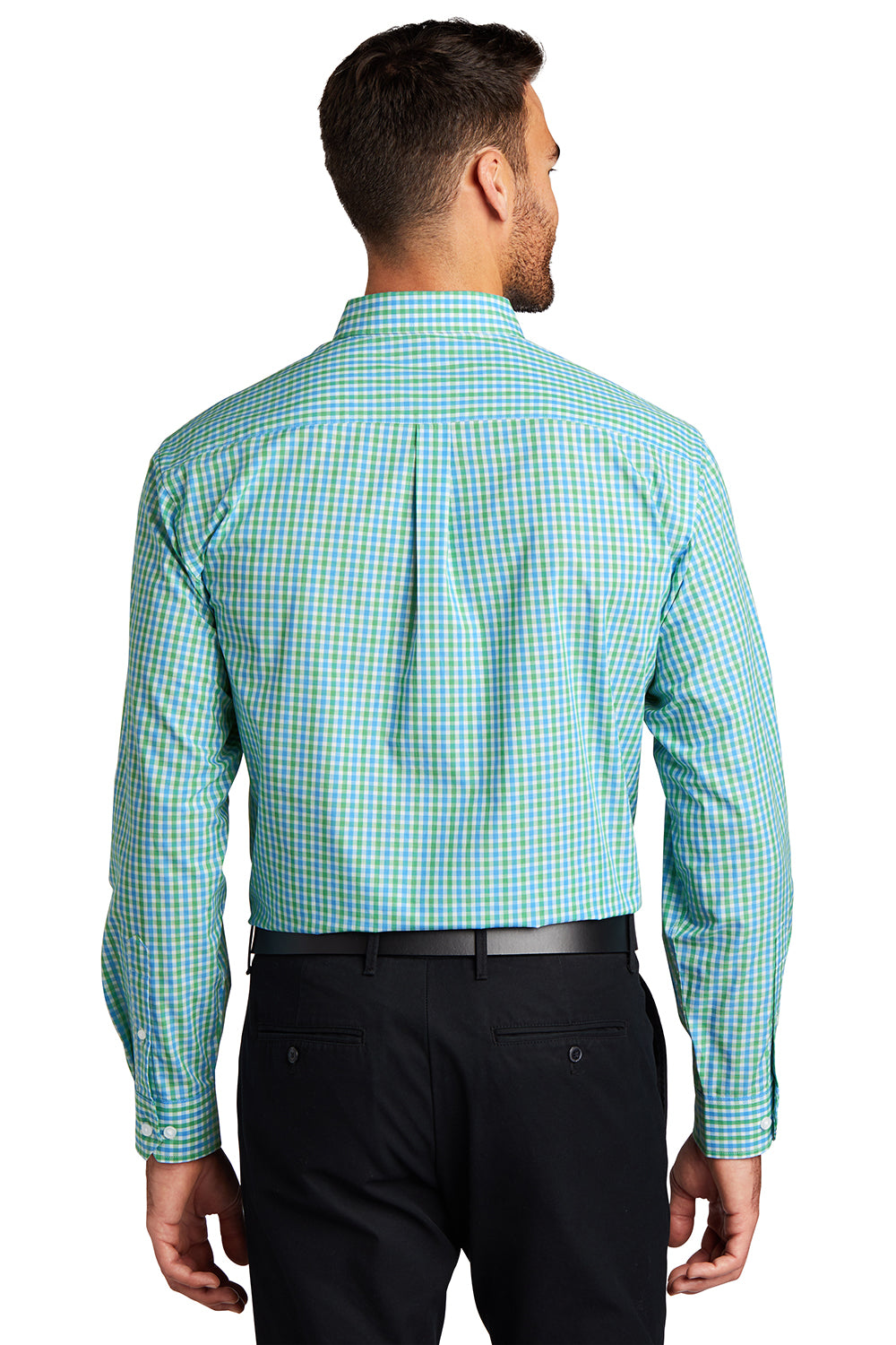 Port Authority S654 Mens Easy Care Wrinkle Resistant Long Sleeve Button Down Shirt w/ Pocket Green/Aqua Blue Model Back