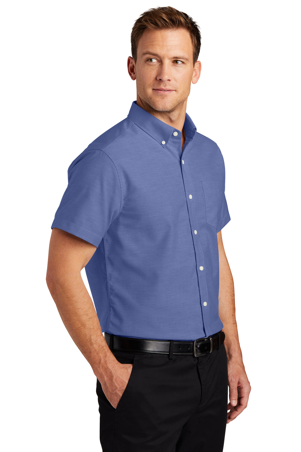 Port Authority S659 Mens SuperPro Oxford Wrinkle Resistant Short Sleeve Button Down Shirt w/ Pocket Navy Blue Model 3q