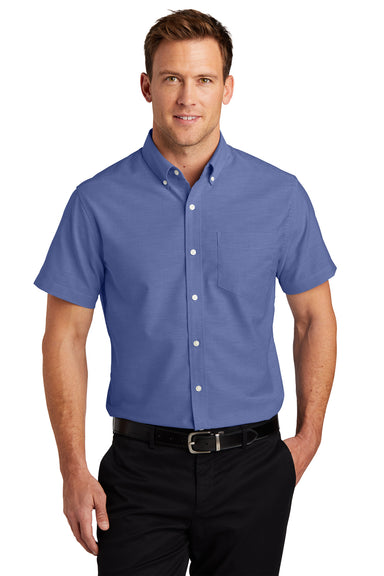 Port Authority S659 Mens SuperPro Oxford Wrinkle Resistant Short Sleeve Button Down Shirt w/ Pocket Navy Blue Model Front