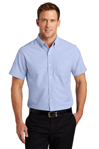 Port Authority S659 Mens SuperPro Oxford Wrinkle Resistant Short Sleeve Button Down Shirt w/ Pocket Oxford Blue Model Front