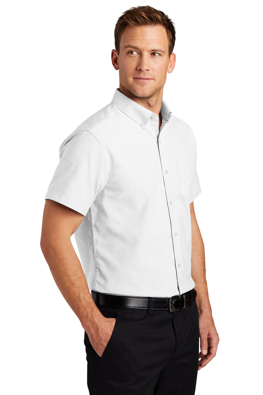 Port Authority S659 Mens SuperPro Oxford Wrinkle Resistant Short Sleeve Button Down Shirt w/ Pocket White Model 3q