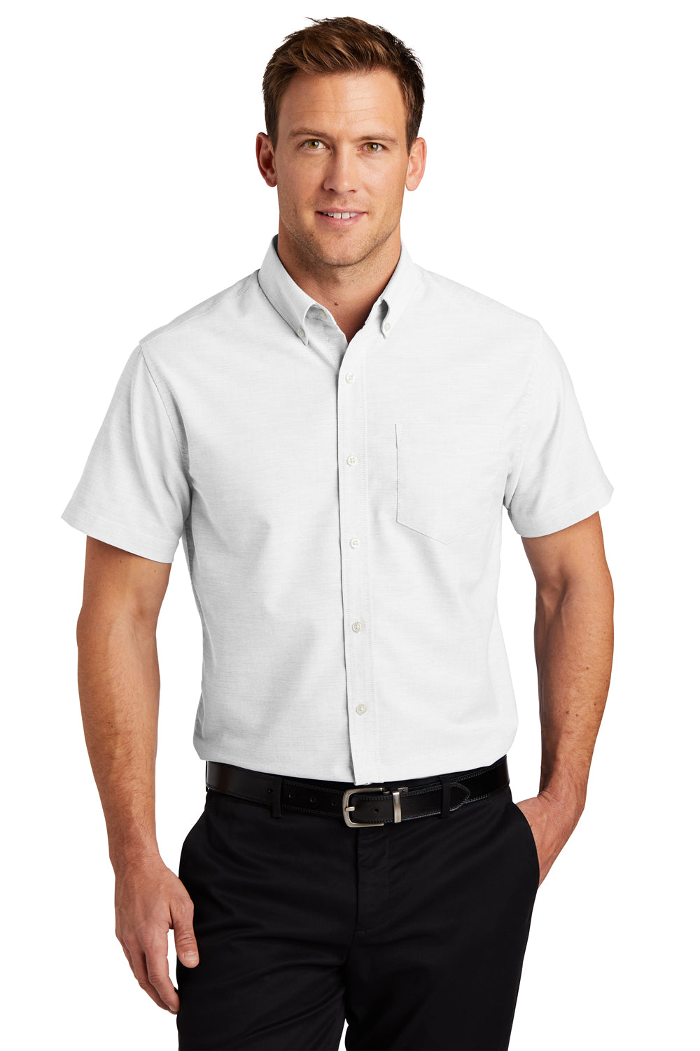 Port Authority S659 Mens SuperPro Oxford Wrinkle Resistant Short Sleeve Button Down Shirt w/ Pocket White Model Front