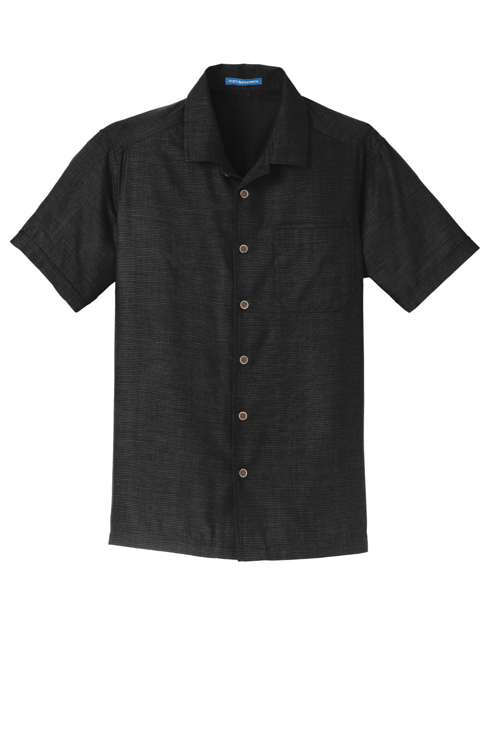 Port Authority S662 Mens Wrinkle Resistant Short Sleeve Button Down Camp Shirt w/ Pocket Black Flat Front