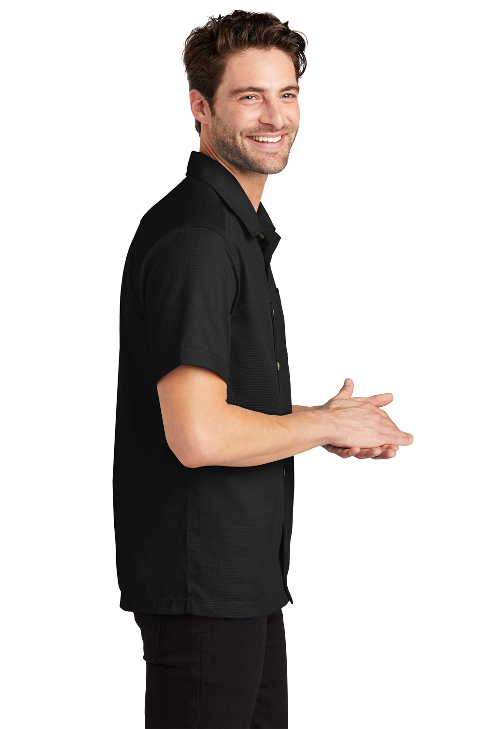 Port Authority S662 Mens Wrinkle Resistant Short Sleeve Button Down Camp Shirt w/ Pocket Black Model Side