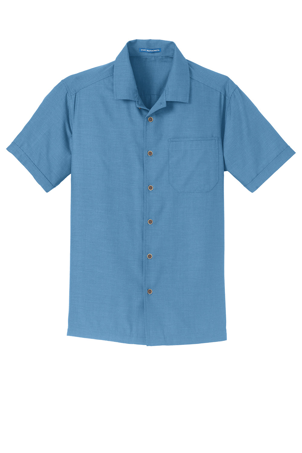 Port Authority S662 Mens Wrinkle Resistant Short Sleeve Button Down Camp Shirt w/ Pocket Celadon Blue Flat Front