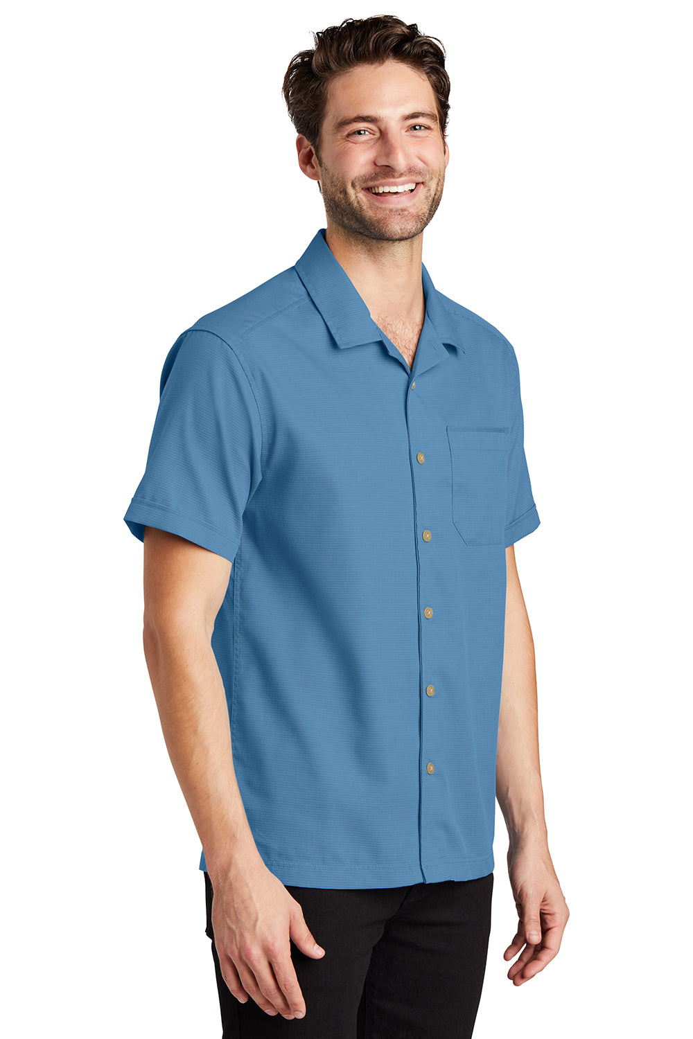 Port Authority S662 Mens Wrinkle Resistant Short Sleeve Button Down Camp Shirt w/ Pocket Celadon Blue Model 3q