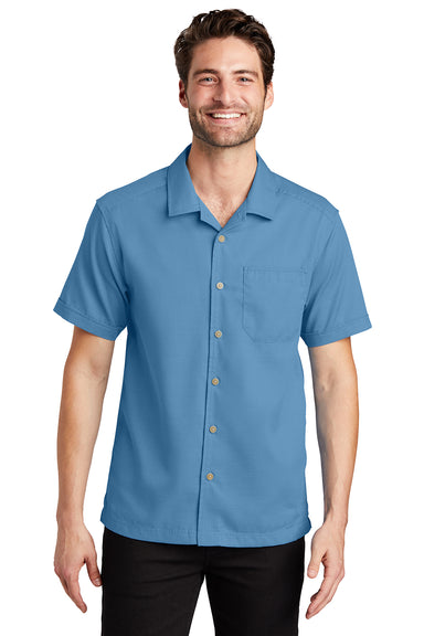 Port Authority S662 Mens Wrinkle Resistant Short Sleeve Button Down Camp Shirt w/ Pocket Celadon Blue Model Front