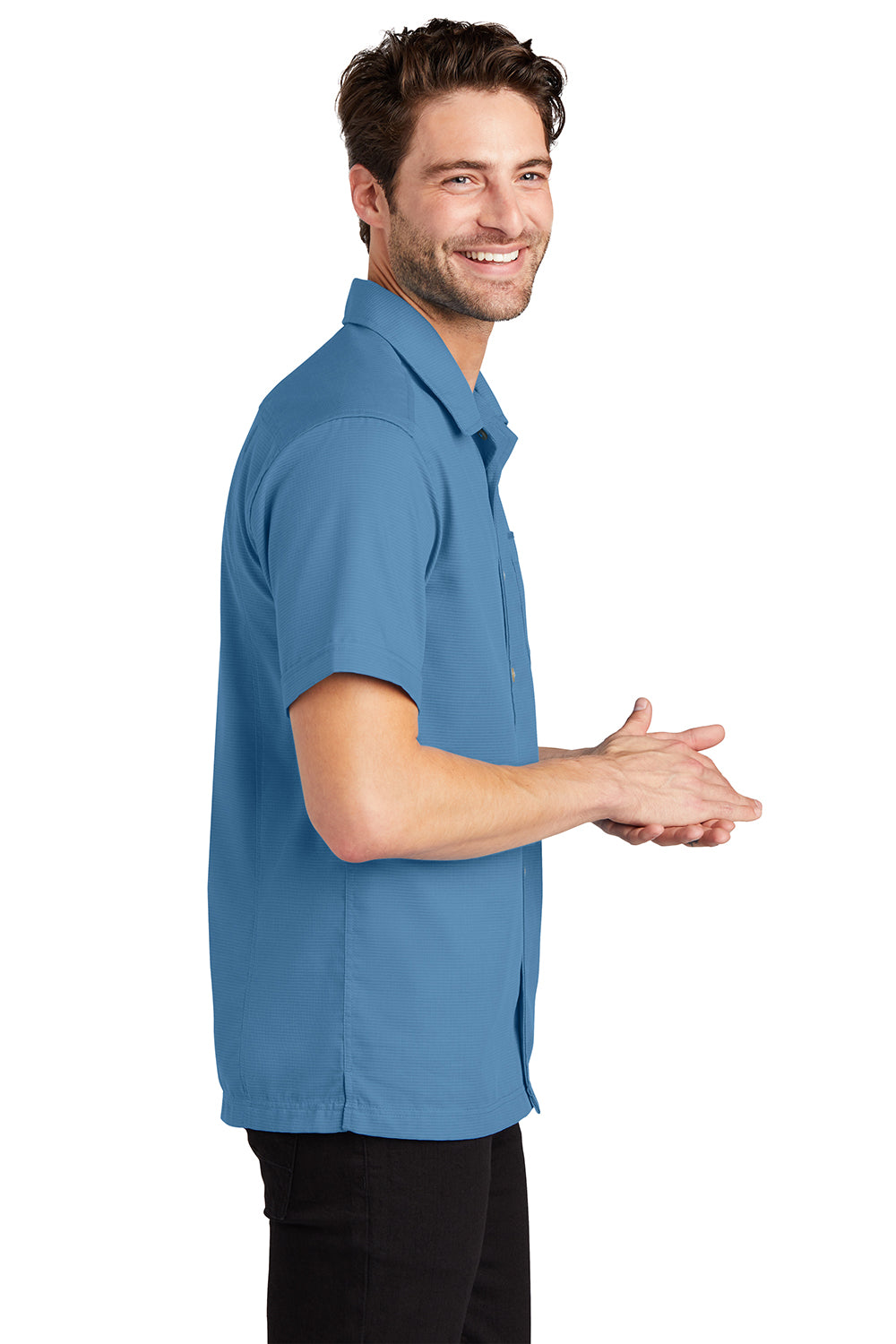 Port Authority S662 Mens Wrinkle Resistant Short Sleeve Button Down Camp Shirt w/ Pocket Celadon Blue Model Side