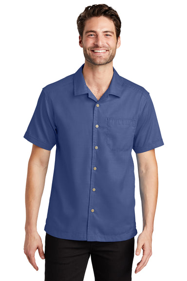 Port Authority S662 Mens Wrinkle Resistant Short Sleeve Button Down Camp Shirt w/ Pocket Royal Blue Model Front