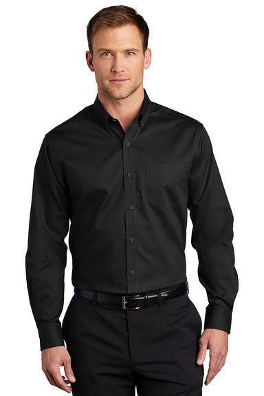 Port Authority S663/TS663 Mens SuperPro Wrinkle Resistant Long Sleeve Button Down Shirt w/ Pocket Black Model Front