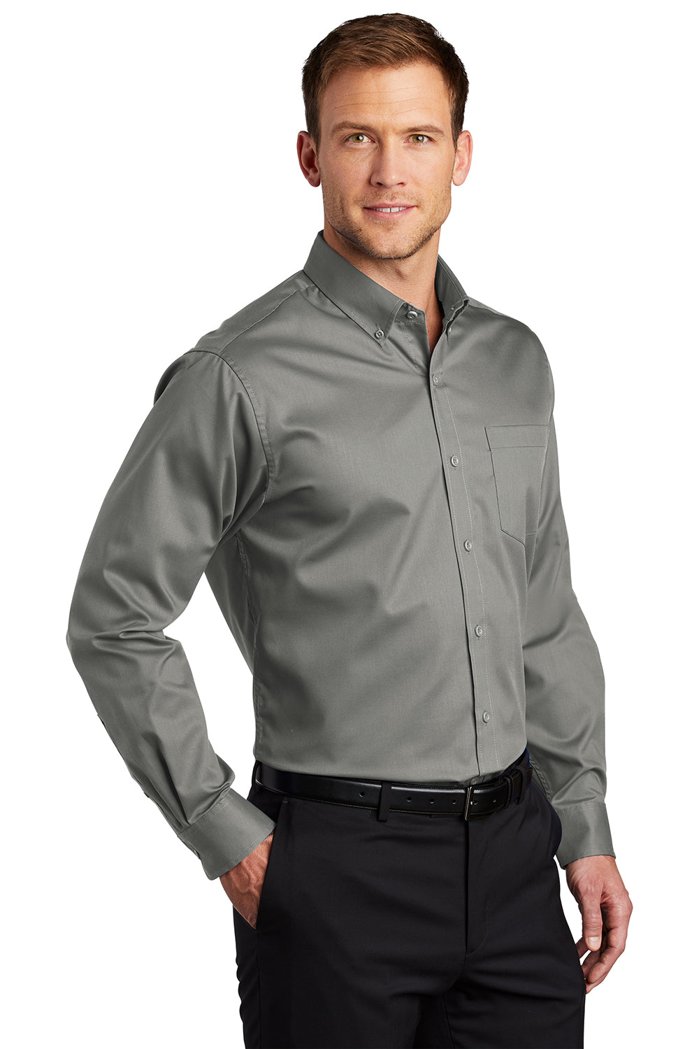 Port Authority S663/TS663 Mens SuperPro Wrinkle Resistant Long Sleeve Button Down Shirt w/ Pocket Monument Grey Model 3q