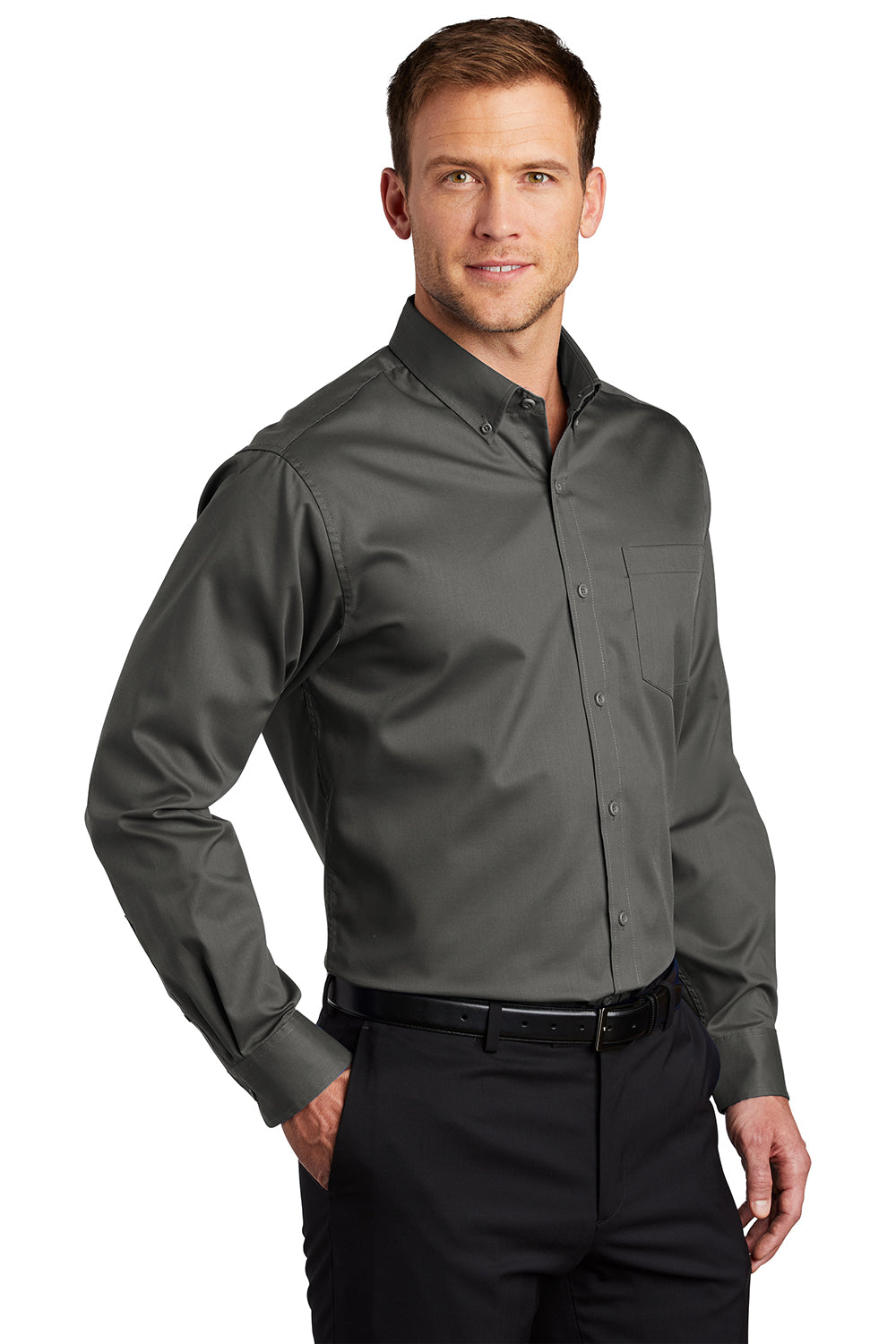 Port Authority S663/TS663 Mens SuperPro Wrinkle Resistant Long Sleeve Button Down Shirt w/ Pocket Sterling Grey Model 3q