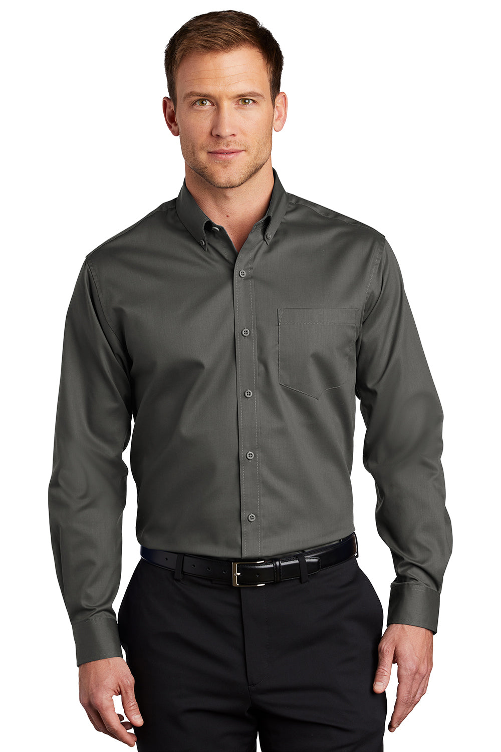 Port Authority S663/TS663 Mens SuperPro Wrinkle Resistant Long Sleeve Button Down Shirt w/ Pocket Sterling Grey Model Front