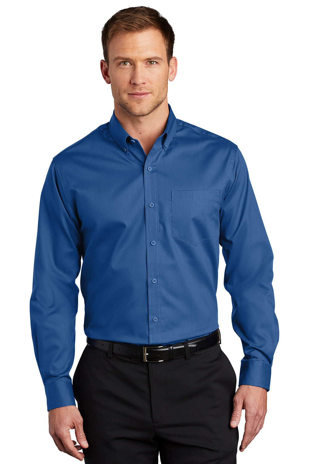 Port Authority S663/TS663 Mens SuperPro Wrinkle Resistant Long Sleeve Button Down Shirt w/ Pocket True Blue Model Front