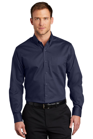 Port Authority S663/TS663 Mens SuperPro Wrinkle Resistant Long Sleeve Button Down Shirt w/ Pocket True Navy Blue Model Front